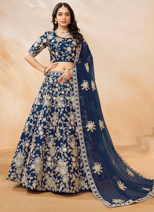 386705 Art Silk Navy Blue Wedding Wear Zari Embroidery Work Lehenga Choli