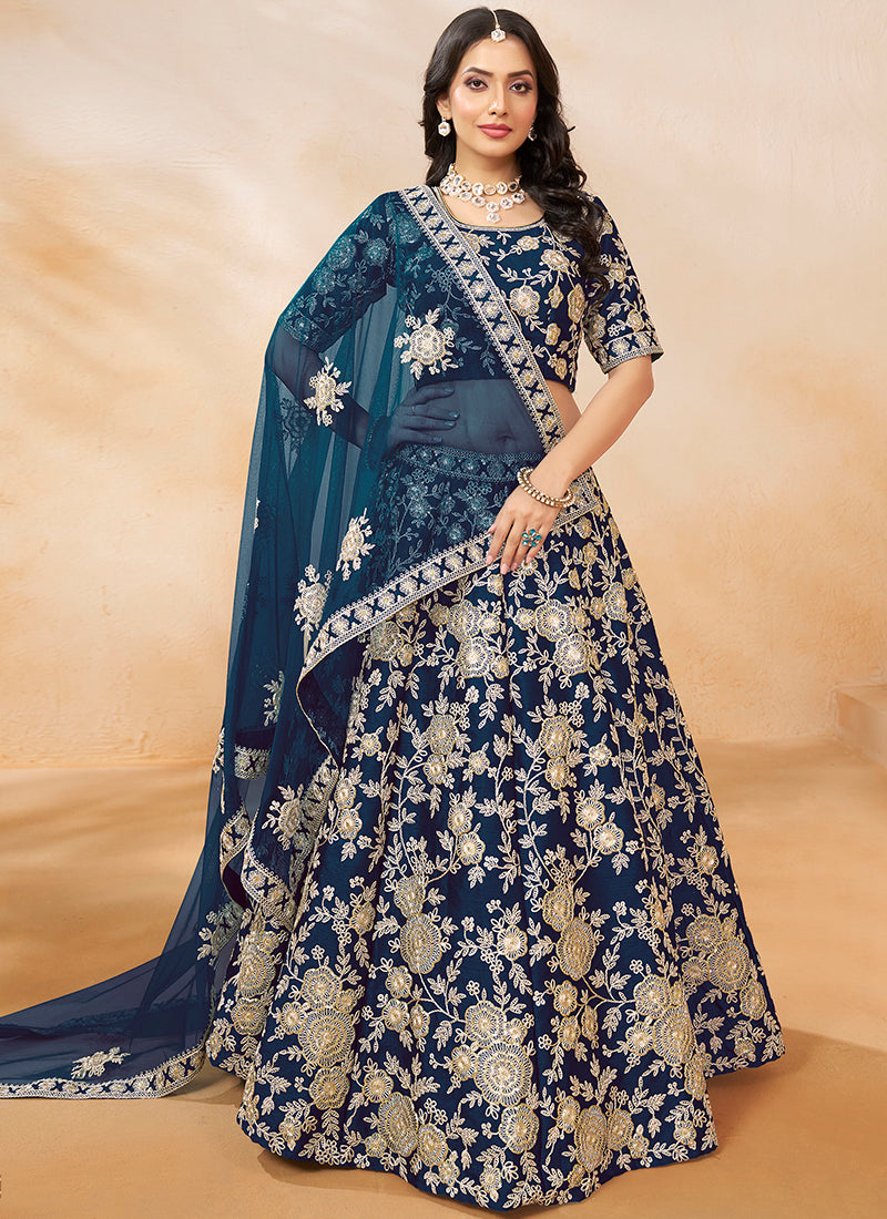 386705 Art Silk Navy Blue Wedding Wear Zari Embroidery Work Lehenga Choli