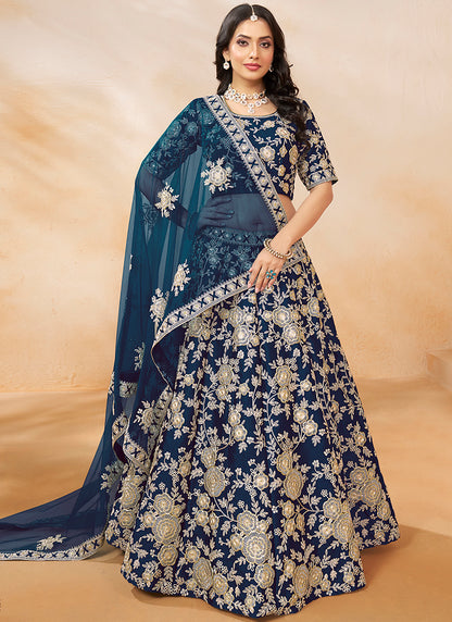 386705 Art Silk Navy Blue Wedding Wear Zari Embroidery Work Lehenga Choli