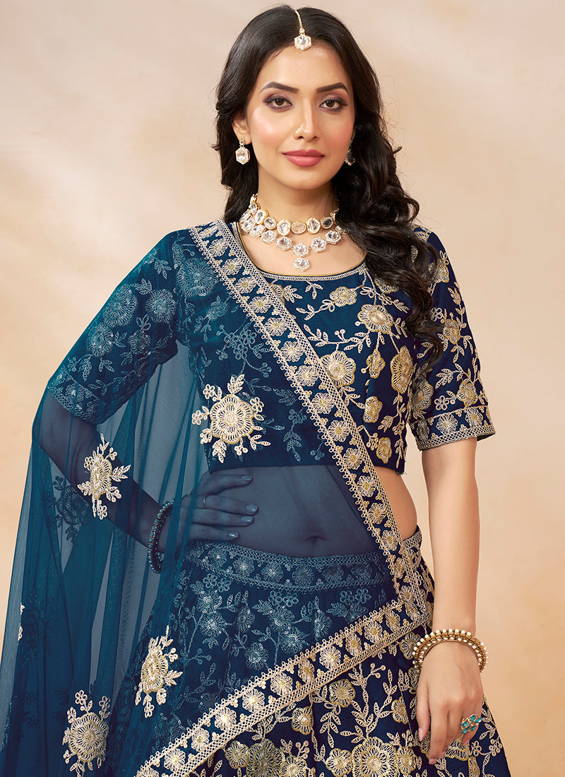 386705 Art Silk Navy Blue Wedding Wear Zari Embroidery Work Lehenga Choli