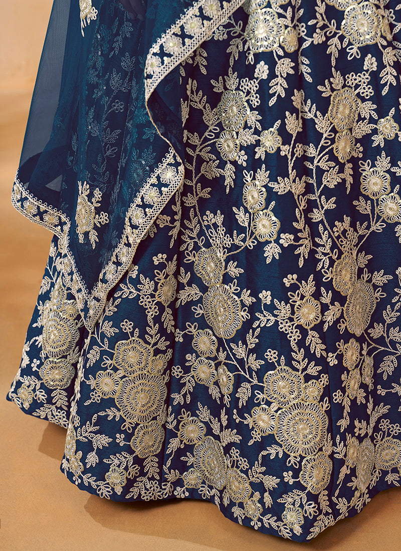 386705 Art Silk Navy Blue Wedding Wear Zari Embroidery Work Lehenga Choli