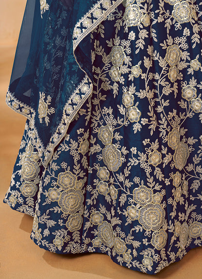 386705 Art Silk Navy Blue Wedding Wear Zari Embroidery Work Lehenga Choli