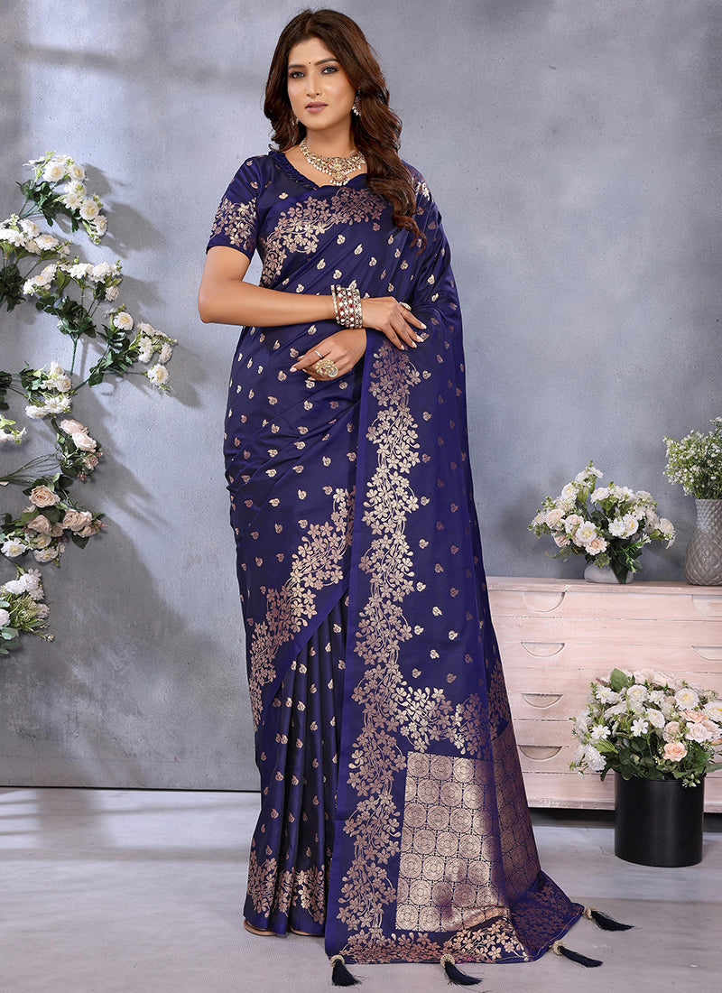 Banarasi Silk Navy Blue Saree with Zari Weaving Work for Wedding Wear 382934