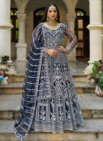 Navy Blue Butterfly Net Embroidery Work Wedding Wear Readymade Anarkali Suit SW851593