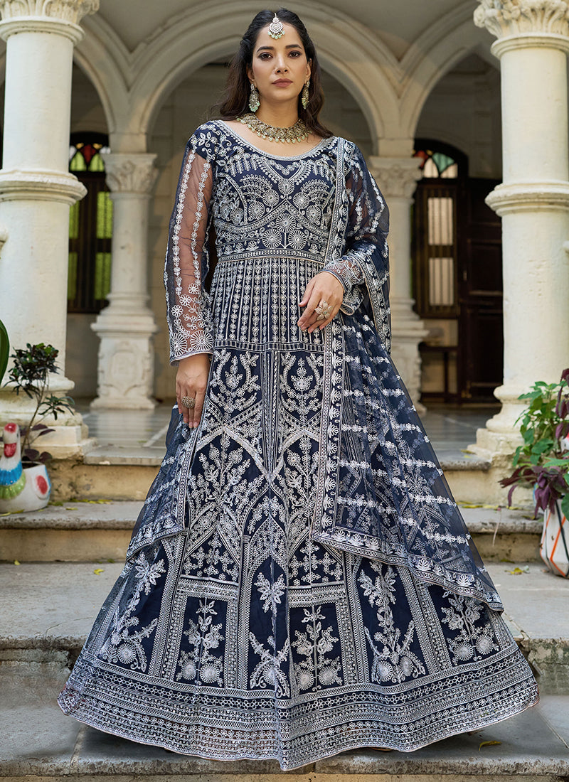 Navy Blue Butterfly Net Embroidery Work Wedding Wear Readymade Anarkali Suit SW851593