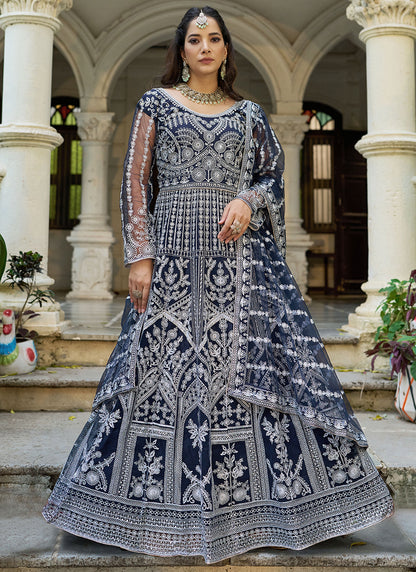Navy Blue Butterfly Net Embroidery Work Wedding Wear Readymade Anarkali Suit SW851593