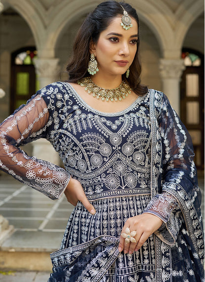 Navy Blue Butterfly Net Embroidery Work Wedding Wear Readymade Anarkali Suit SW851593