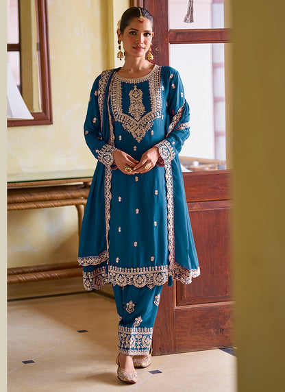 Navy Blue Chinon Embroidery Work Festival Wear Readymade Salwar Suit SW906800