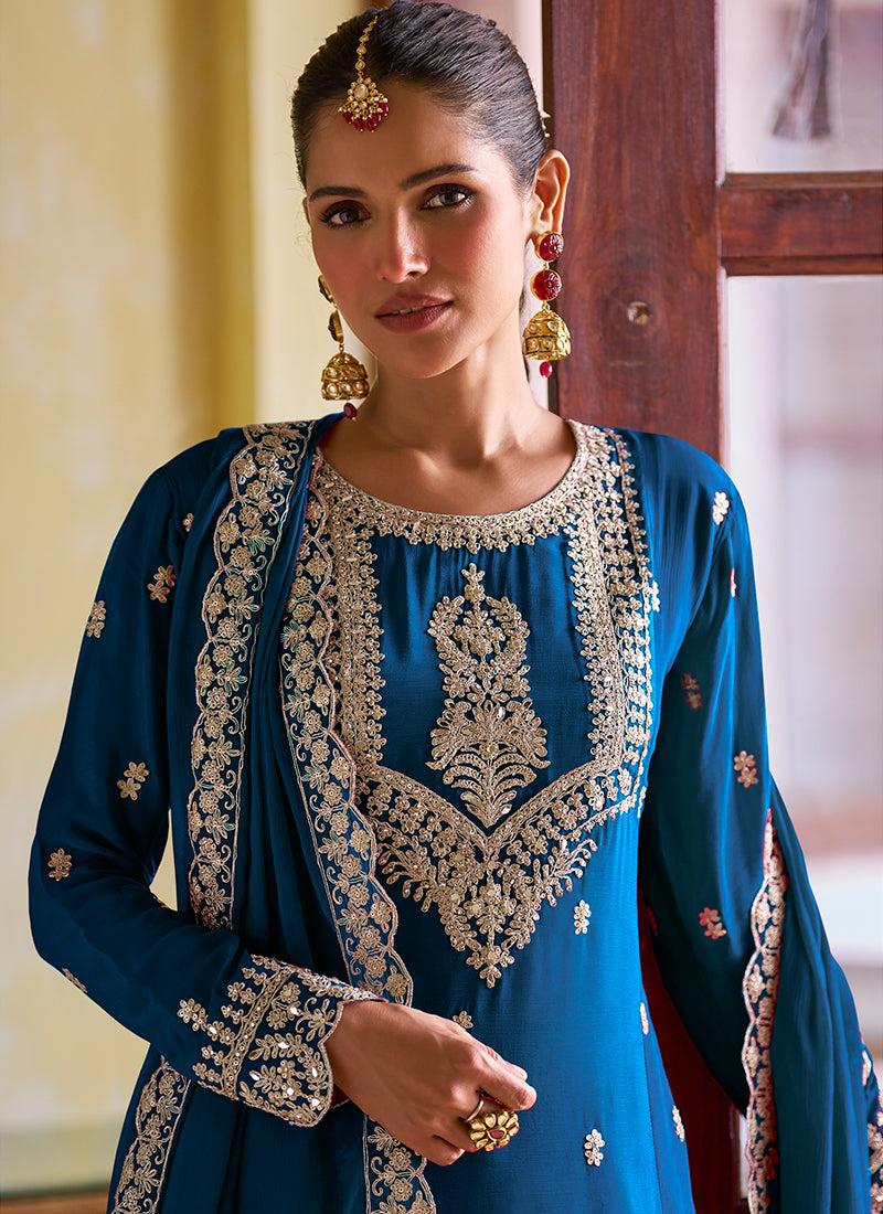 Navy Blue Chinon Embroidery Work Festival Wear Readymade Salwar Suit SW906800