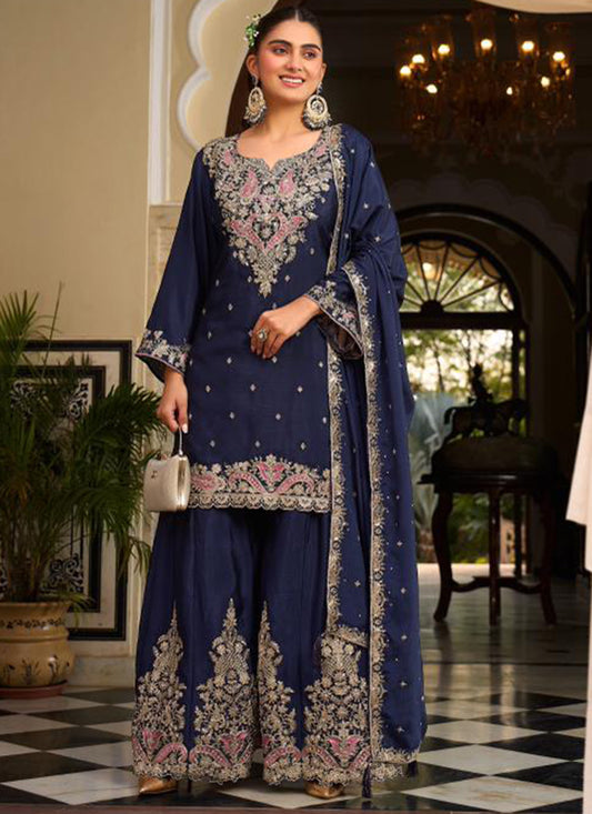 Navy Blue Chinon Embroidery Work Occasional Wear Readymade Plazzo Suit SW604026
