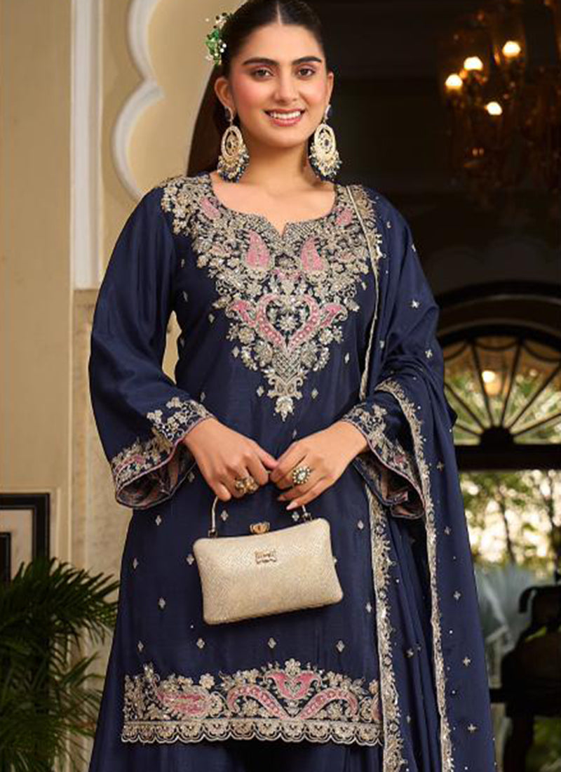 Navy Blue Chinon Embroidery Work Occasional Wear Readymade Plazzo Suit SW604026