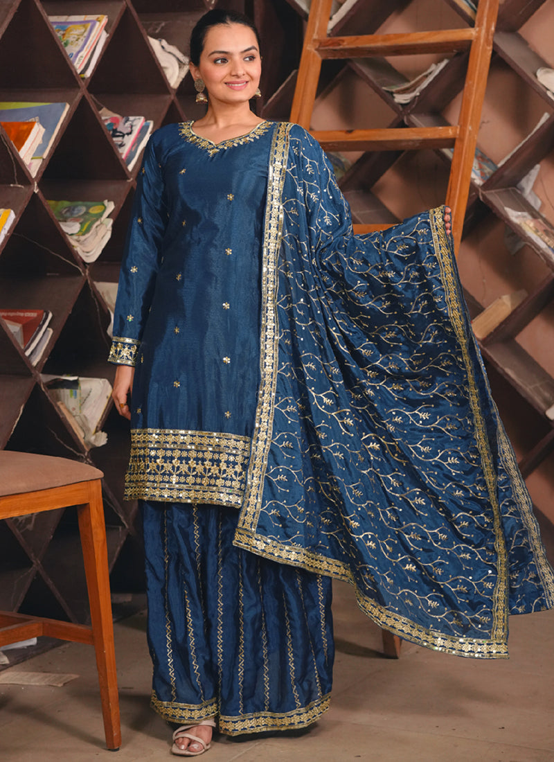 Chinon Navy Blue Party Wear Sequins Embroidery Work Readymade Plazzo Suit 388242