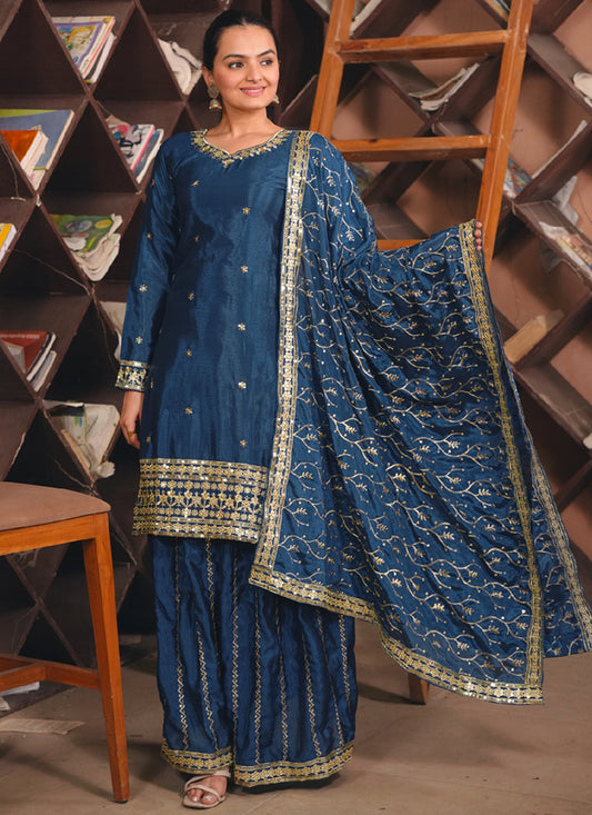 Chinon Navy Blue Party Wear Sequins Embroidery Work Readymade Plazzo Suit 388242