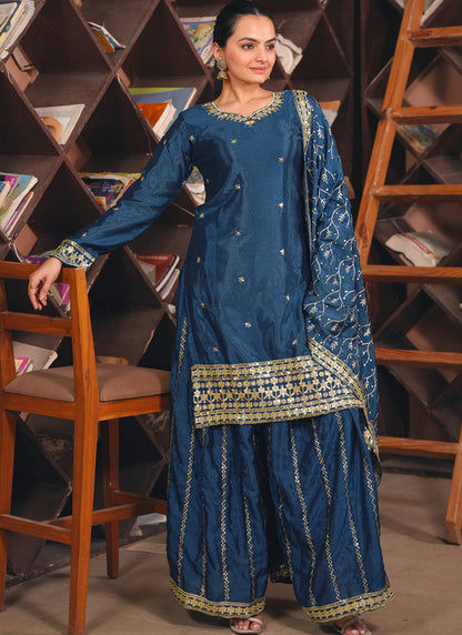 Chinon Navy Blue Party Wear Sequins Embroidery Work Readymade Plazzo Suit 388242