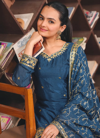 Chinon Navy Blue Party Wear Sequins Embroidery Work Readymade Plazzo Suit 388242