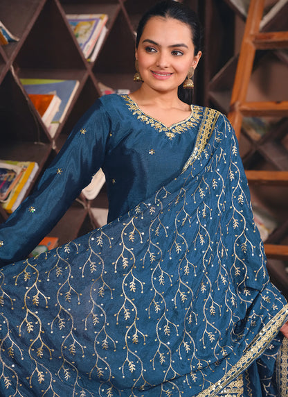 Chinon Navy Blue Party Wear Sequins Embroidery Work Readymade Plazzo Suit 388242