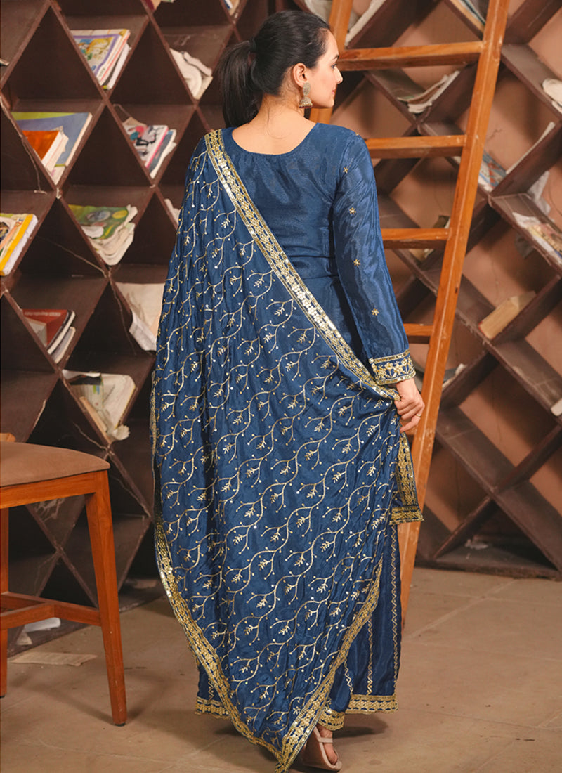 Chinon Navy Blue Party Wear Sequins Embroidery Work Readymade Plazzo Suit 388242