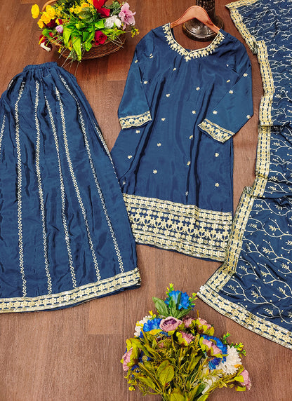 Chinon Navy Blue Party Wear Sequins Embroidery Work Readymade Plazzo Suit 388242