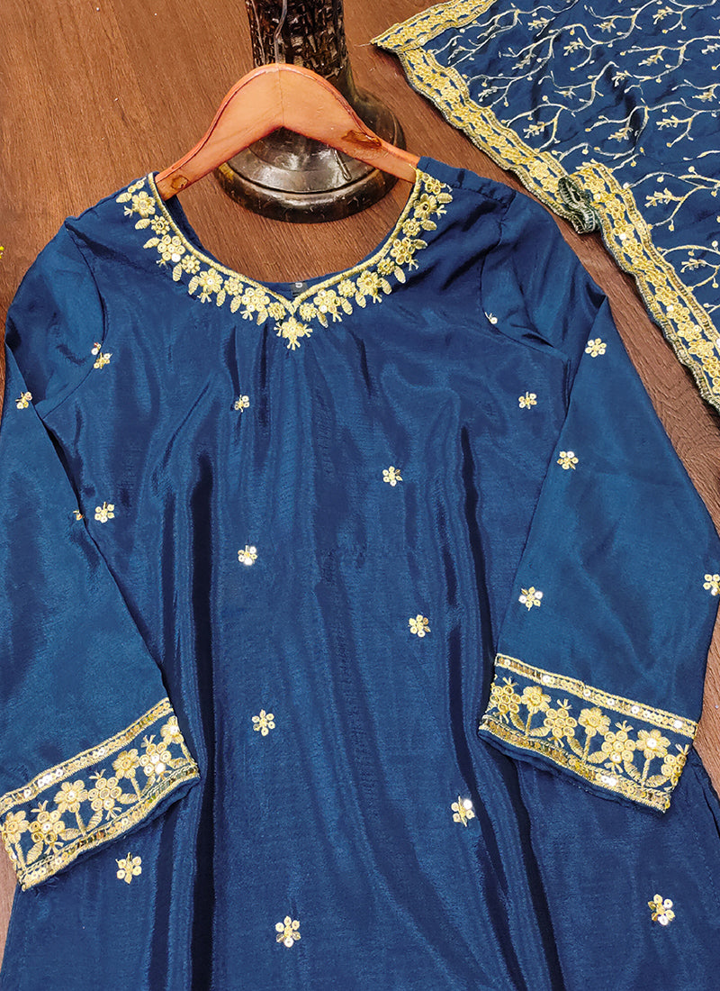 Chinon Navy Blue Party Wear Sequins Embroidery Work Readymade Plazzo Suit 388242