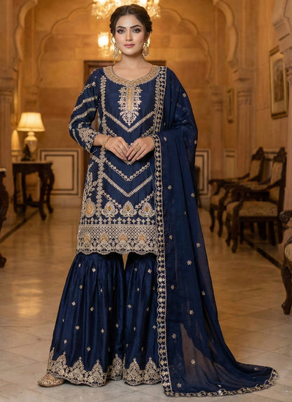 Navy Blue Chinon Sequins Embroidery Work Party Wear Readymade Sharara Suit SW544095