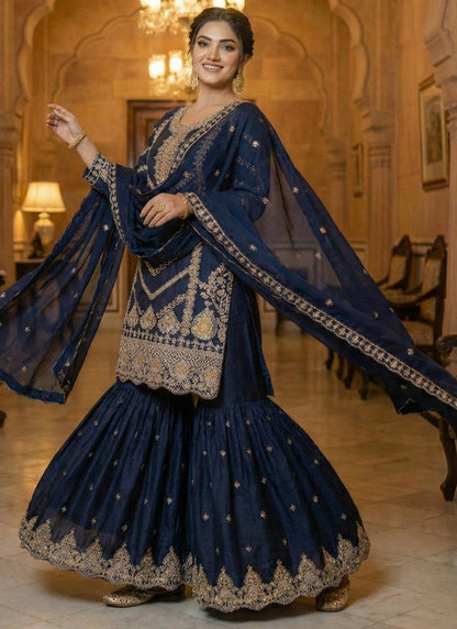 Navy Blue Chinon Sequins Embroidery Work Party Wear Readymade Sharara Suit SW544095