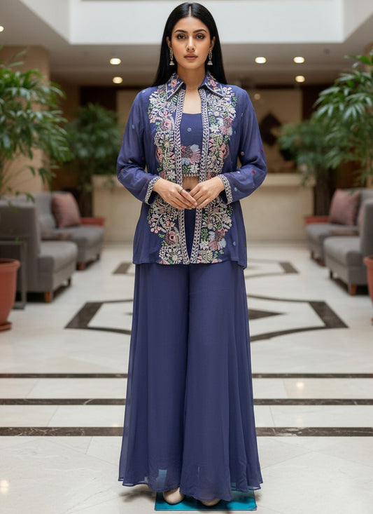 Navy Blue Chinon Silk Embroidery Work Occasional Wear Readymade Plazzo Suit SW918162