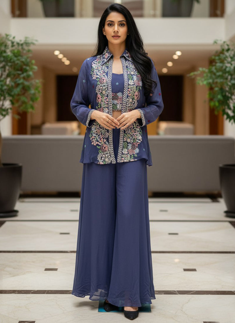 Navy Blue Chinon Silk Embroidery Work Occasional Wear Readymade Plazzo Suit SW918162