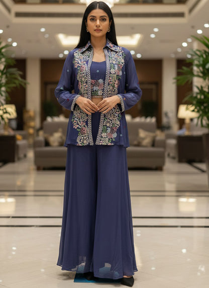 Navy Blue Chinon Silk Embroidery Work Occasional Wear Readymade Plazzo Suit SW918162