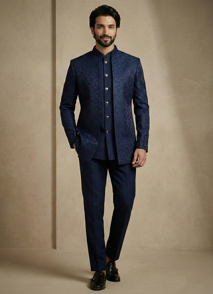 Navy Blue Donier Satin Weaving Work Party Wear Readymade Indo Western Suit SW410905