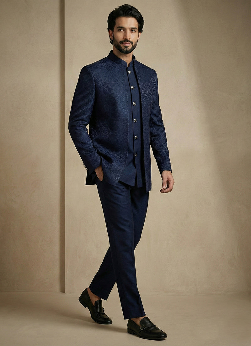 Navy Blue Donier Satin Weaving Work Party Wear Readymade Indo Western Suit SW410905