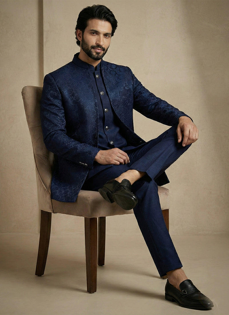 Navy Blue Donier Satin Weaving Work Party Wear Readymade Indo Western Suit SW410905