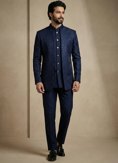 Navy Blue Donier Satin Weaving Work Party Wear Readymade Indo Western Suit SW410905