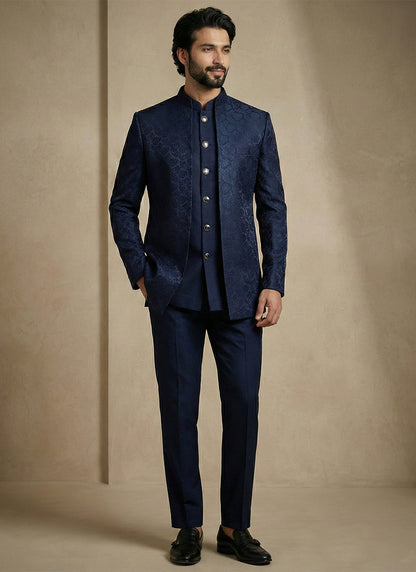 Navy Blue Donier Satin Weaving Work Party Wear Readymade Indo Western Suit SW410905