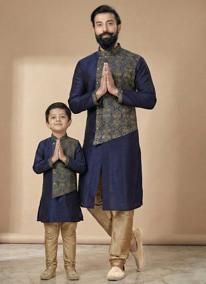Navy Blue Dupion Silk Embroidery Work Festival Wear Readymade Kurta Pajama For Man SW519984