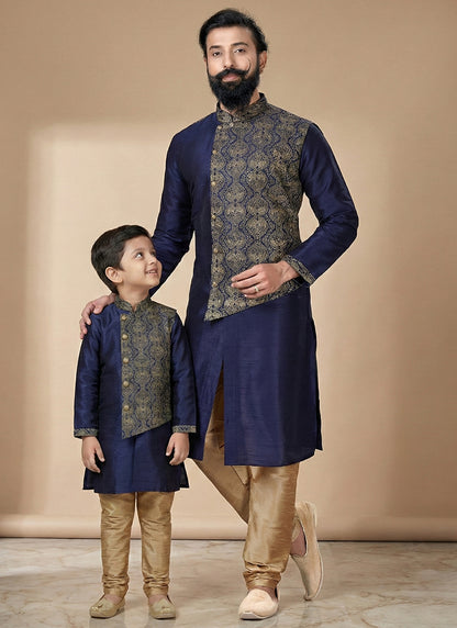 Navy Blue Dupion Silk Embroidery Work Festival Wear Readymade Kurta Pajama For Man SW519984
