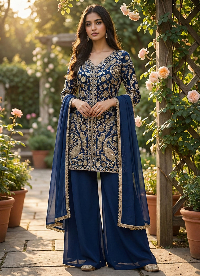 Navy Blue Faux Georgette Embroidery Work Party Wear Readymade Plazzo Suit SW433523