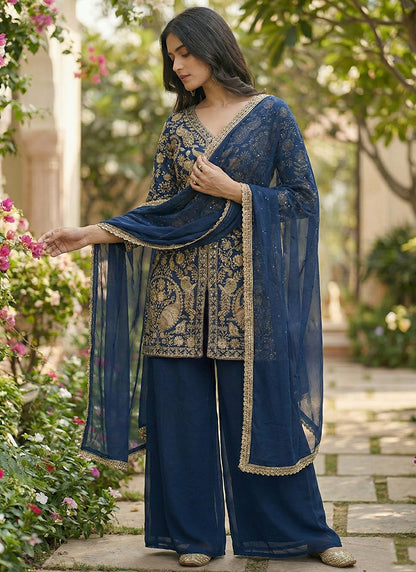 Navy Blue Faux Georgette Embroidery Work Party Wear Readymade Plazzo Suit SW433523