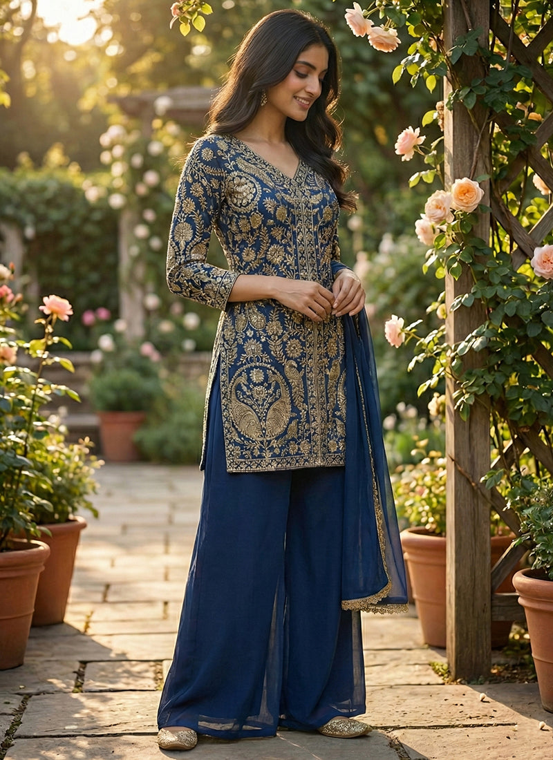 Navy Blue Faux Georgette Embroidery Work Party Wear Readymade Plazzo Suit SW433523