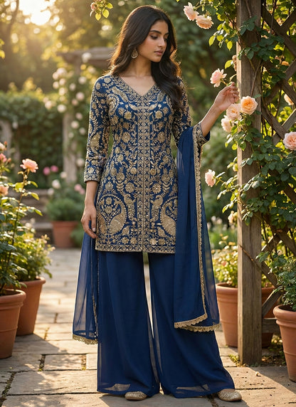 Navy Blue Faux Georgette Embroidery Work Party Wear Readymade Plazzo Suit SW433523