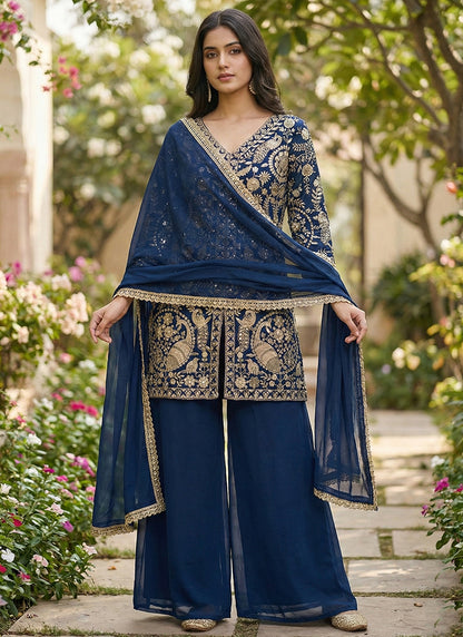 Navy Blue Faux Georgette Embroidery Work Party Wear Readymade Plazzo Suit SW433523
