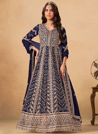 Faux Georgette Navy Blue Wedding Wear Zardozi Work Anarkali Gown 386504