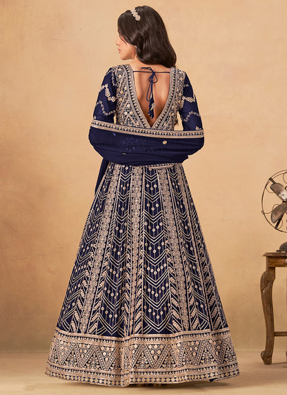 Faux Georgette Navy Blue Wedding Wear Zardozi Work Anarkali Gown 386504
