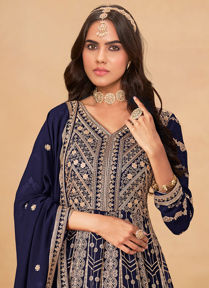 Faux Georgette Navy Blue Wedding Wear Zardozi Work Anarkali Gown 386504