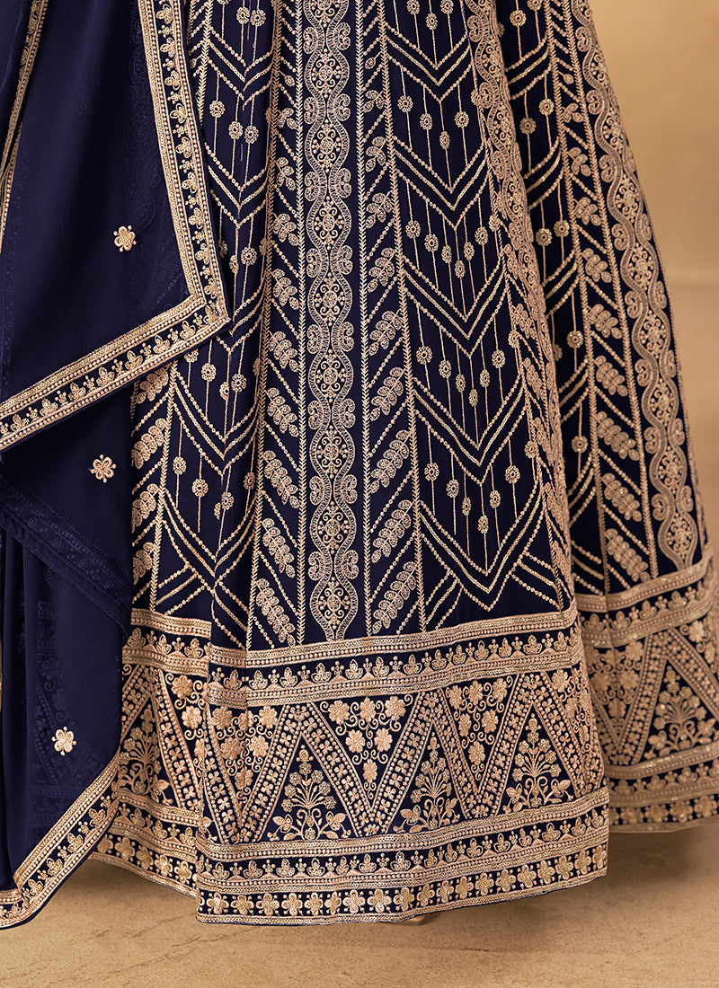 Faux Georgette Navy Blue Wedding Wear Zardozi Work Anarkali Gown 386504