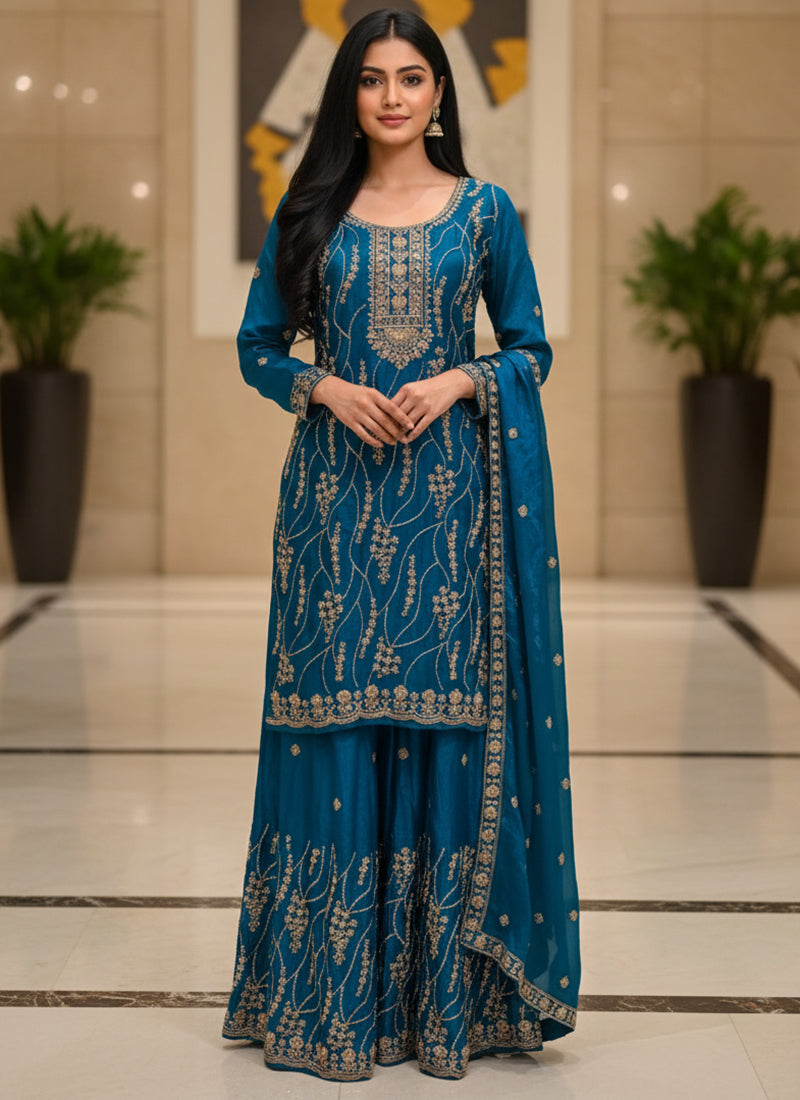 Navy Blue Fendy Silk Embroidery Work Festival Wear Readymade Plazzo Suit SW711072
