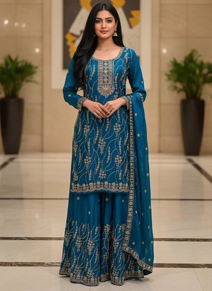 Navy Blue Fendy Silk Embroidery Work Festival Wear Readymade Plazzo Suit SW711072