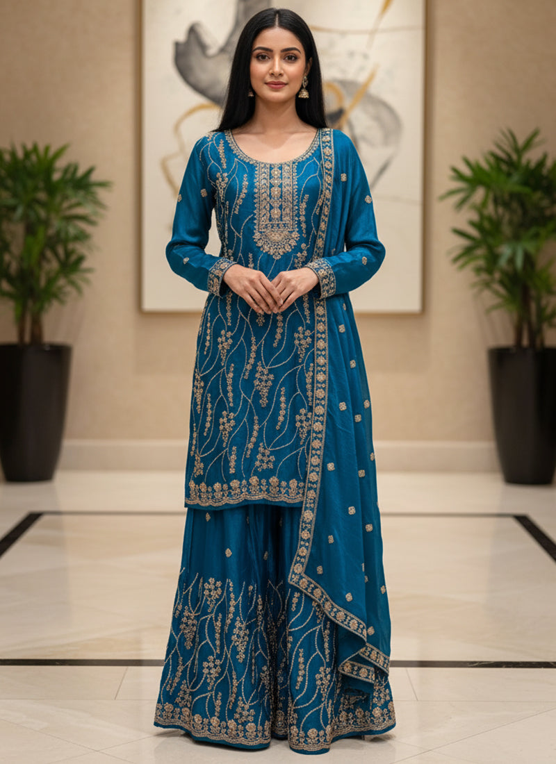Navy Blue Fendy Silk Embroidery Work Festival Wear Readymade Plazzo Suit SW711072