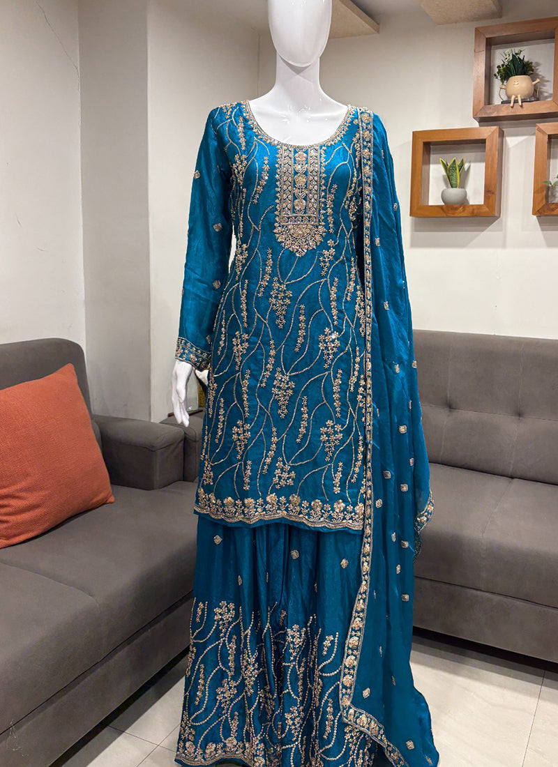 Navy Blue Fendy Silk Embroidery Work Festival Wear Readymade Plazzo Suit SW711072