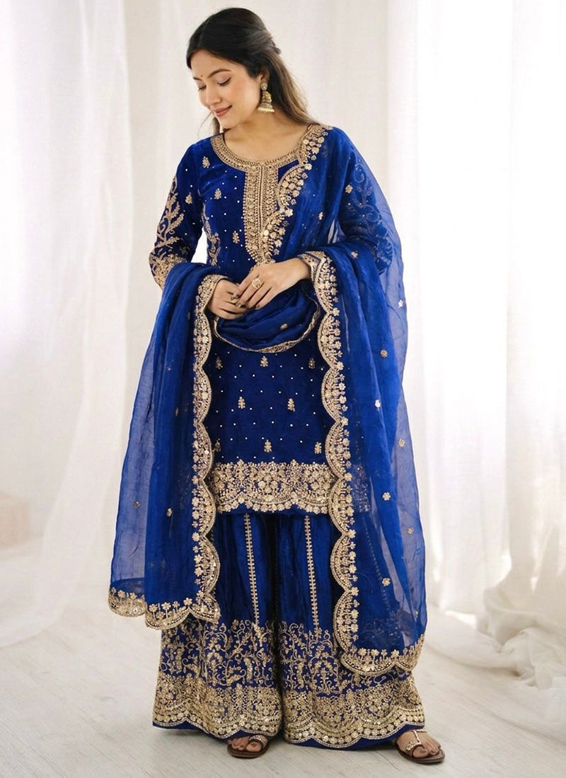Navy Blue Fendy Silk Embroidery Work Occasional Wear Readymade Plazzo Suit SW191661
