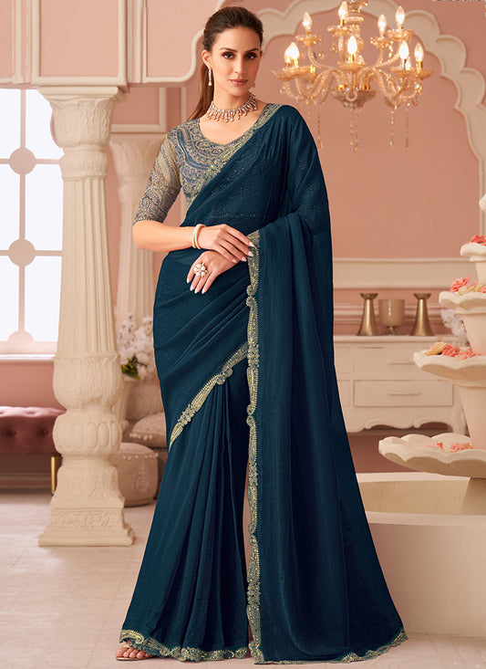 Georgette Navy Blue Saree with Border Work for Festival Wear 381875